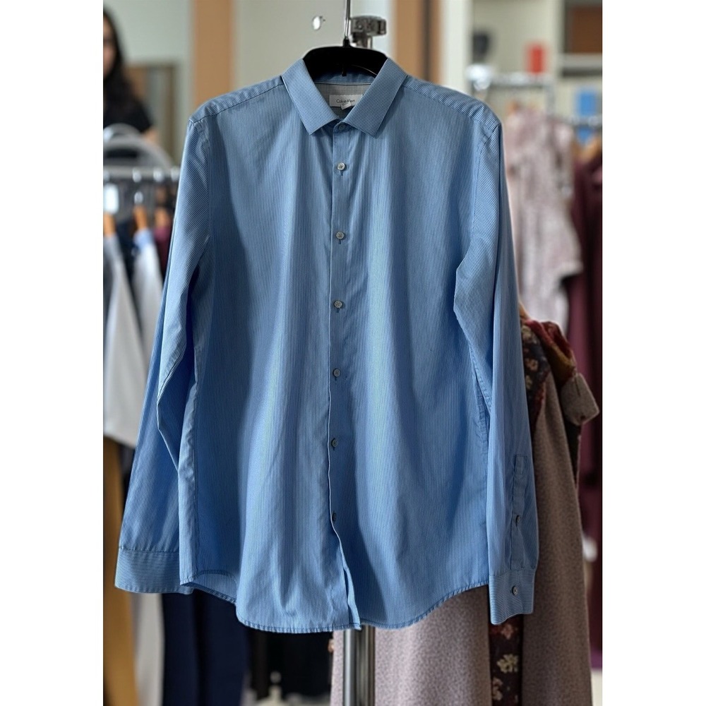Men's Calvin Klein Infinite Cool Blue Striped Button Down‎ Shirt Size Medium M